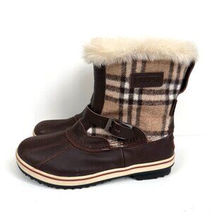 L.L.Bean Duck Boots Brown Leather Plaid Fabric Upper Shearling Lined Womens Sz 8